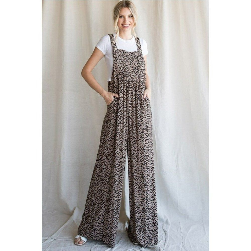 JODIFL Leopard Print Overalls Slouchy Oversized W/ Side Pockets Taupe G4454-1 - Picture 2 of 7